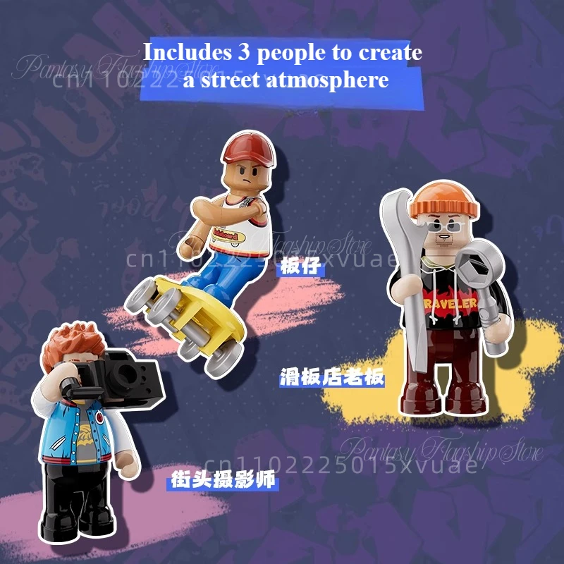 Nueva tienda de monopatín de Hip Hop americano, construcción de calle, modelos de ensamblaje, decoración de escritorio, colección de juguetes, regalo de cumpleaños