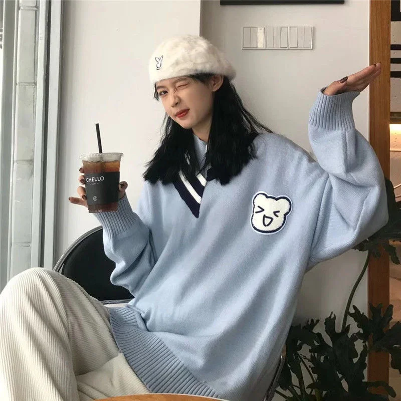 Preppy Kawaii Bear Blue Sweater Women Korean Fashion Cute Jumper Female Oversize Winter Patchwork Pullover Knitwear