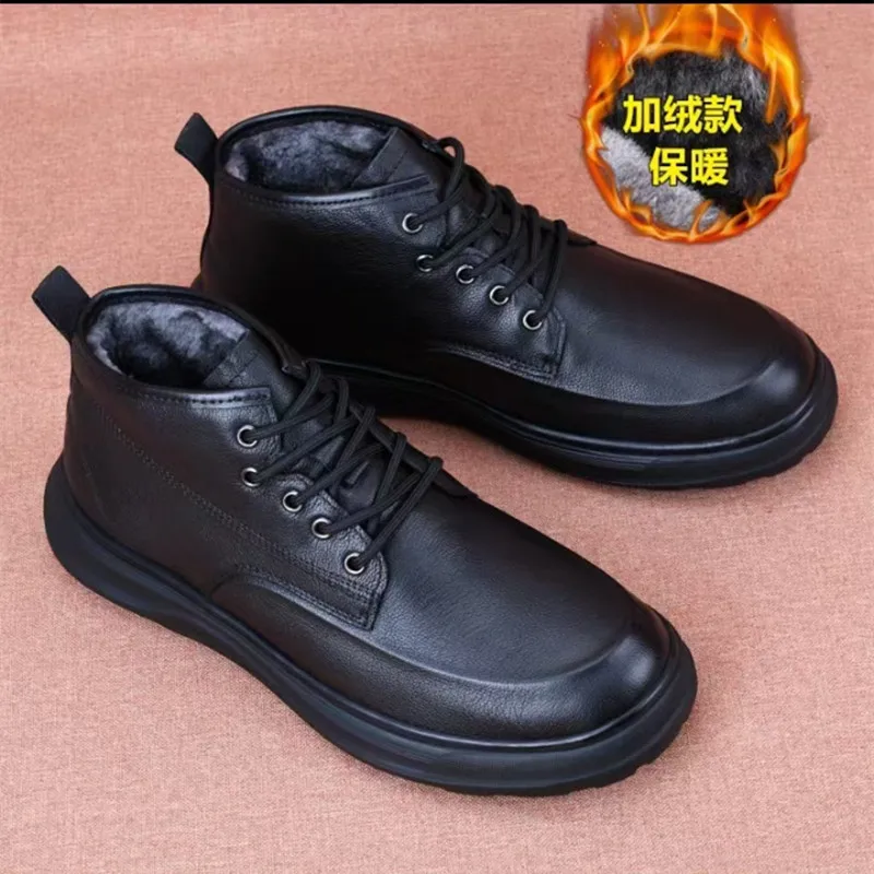 

Men's Leather Autumn Winter New Workwear Boots Soft Sole Plush Casual Mid Top Shoes Outdoor Trekking Walking Sneakers Camping