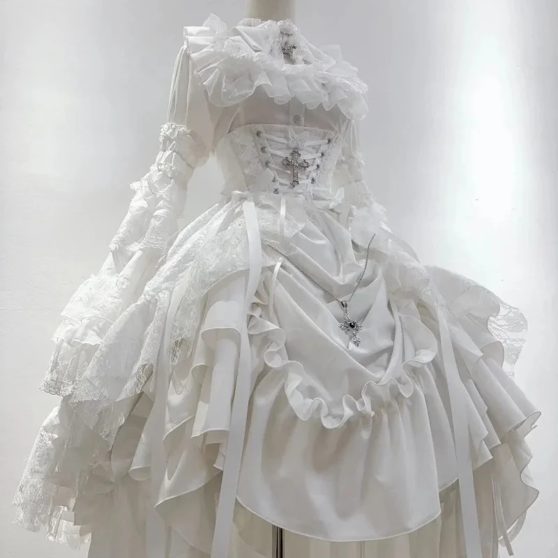 Victorian Vintage Lolita Style 4 Piece Sets Women Y2k Gothic Flare Sleeves Shirts Waistband Long Skirts Suit Halloween Outfits image 4
