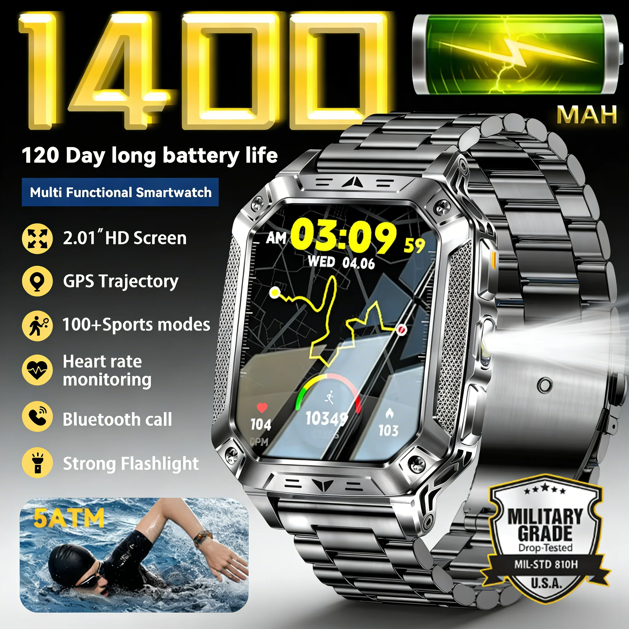 

Новые военные смарт-часы 2026 года с аккумулятором 1400 мАч, LED-фонариком, водонепроницаемостью 10ATM, измерением пульса, голосовыми вызовами, для мужчин, 120+ видов спорта