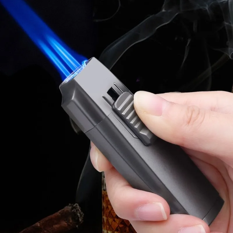 JOBON-Triple Blue Flame Metal Jet Lighter, Windproof, Pull Down Ignition, Visual Gas Window with Cigar Cutter