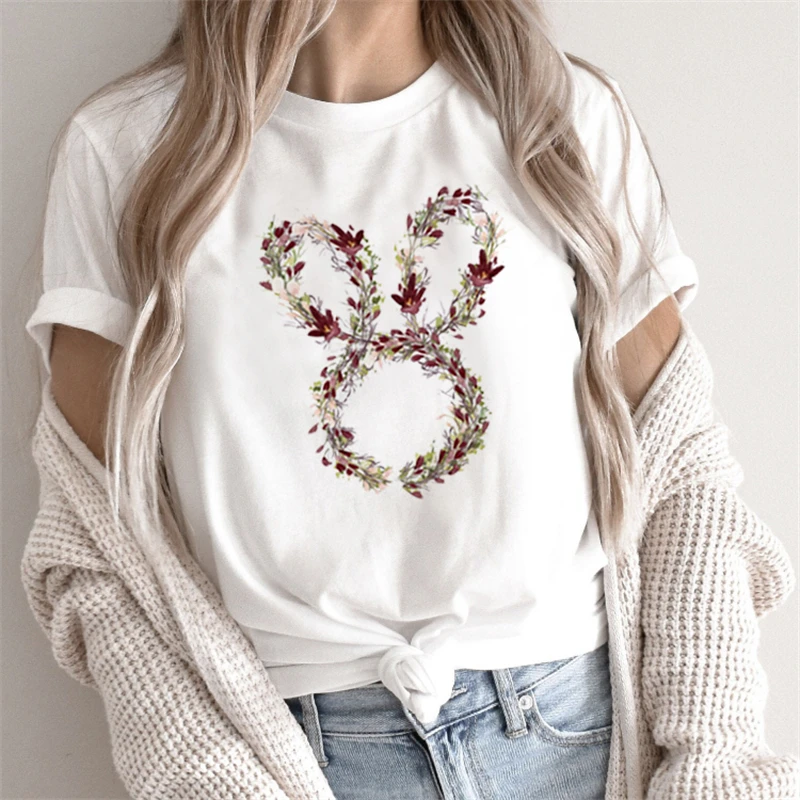 Summer Fashion Women T-Shirt Funny Rabbit Bunny Flowers Animal Print Tshirt Femme Harajuku Shirt Kawaii Clothes T Shirt Female