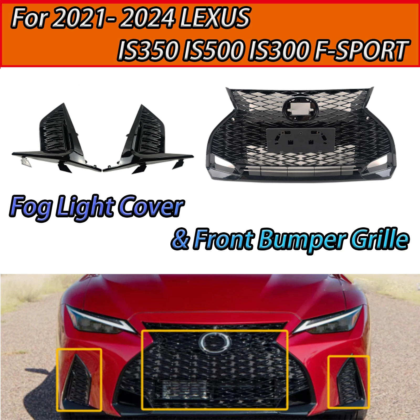 Front Bumper Grille And Fog Light CoverA Set For  Lexus Is300 F Sport Is350 Is500 2021-2024  Glossy Black Body kit