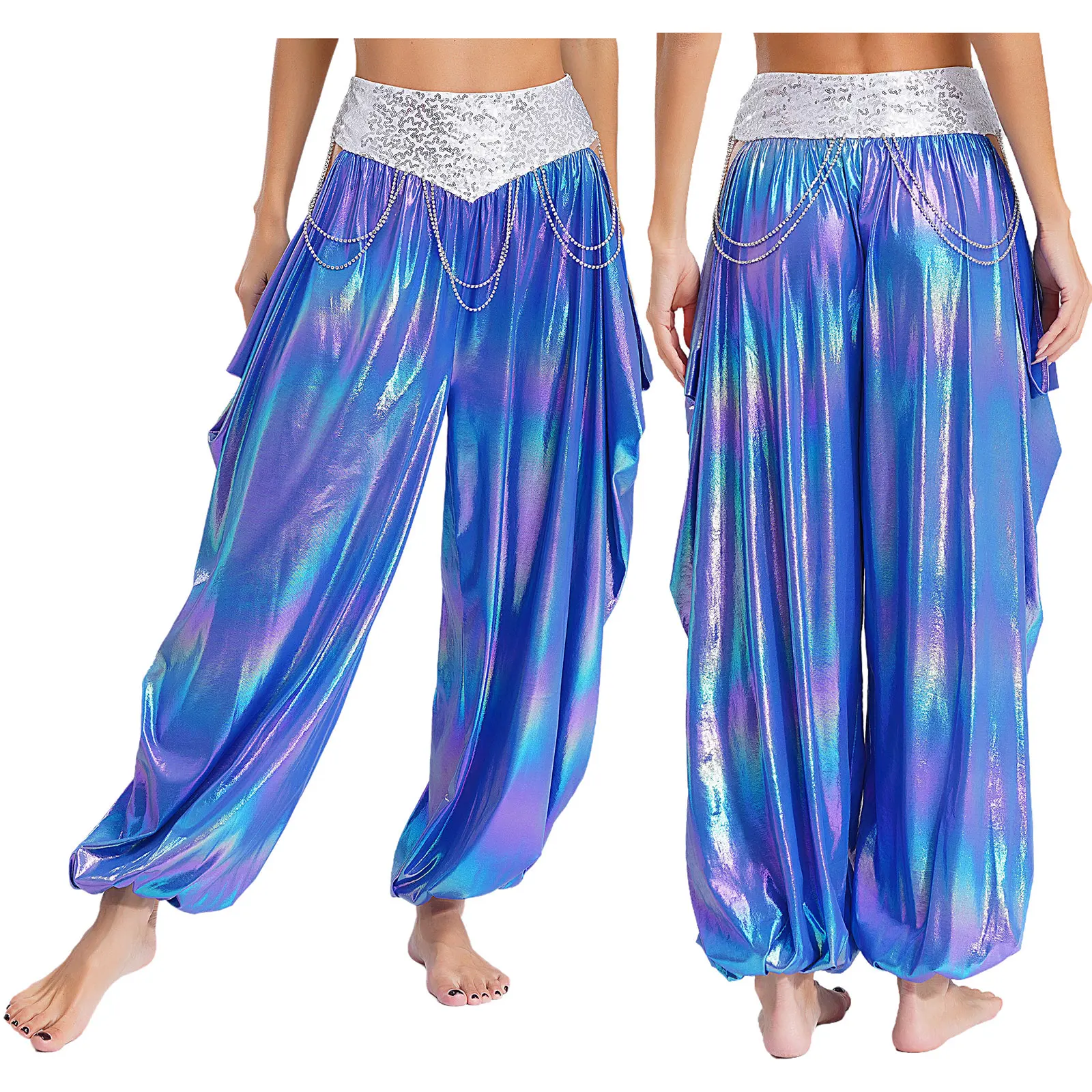 

Women Sparkling Sequins Rhinestone Belly Dance Pants Waistband Chains Cutout Loose Bloomers Halloween Cosplay Carnival Costume