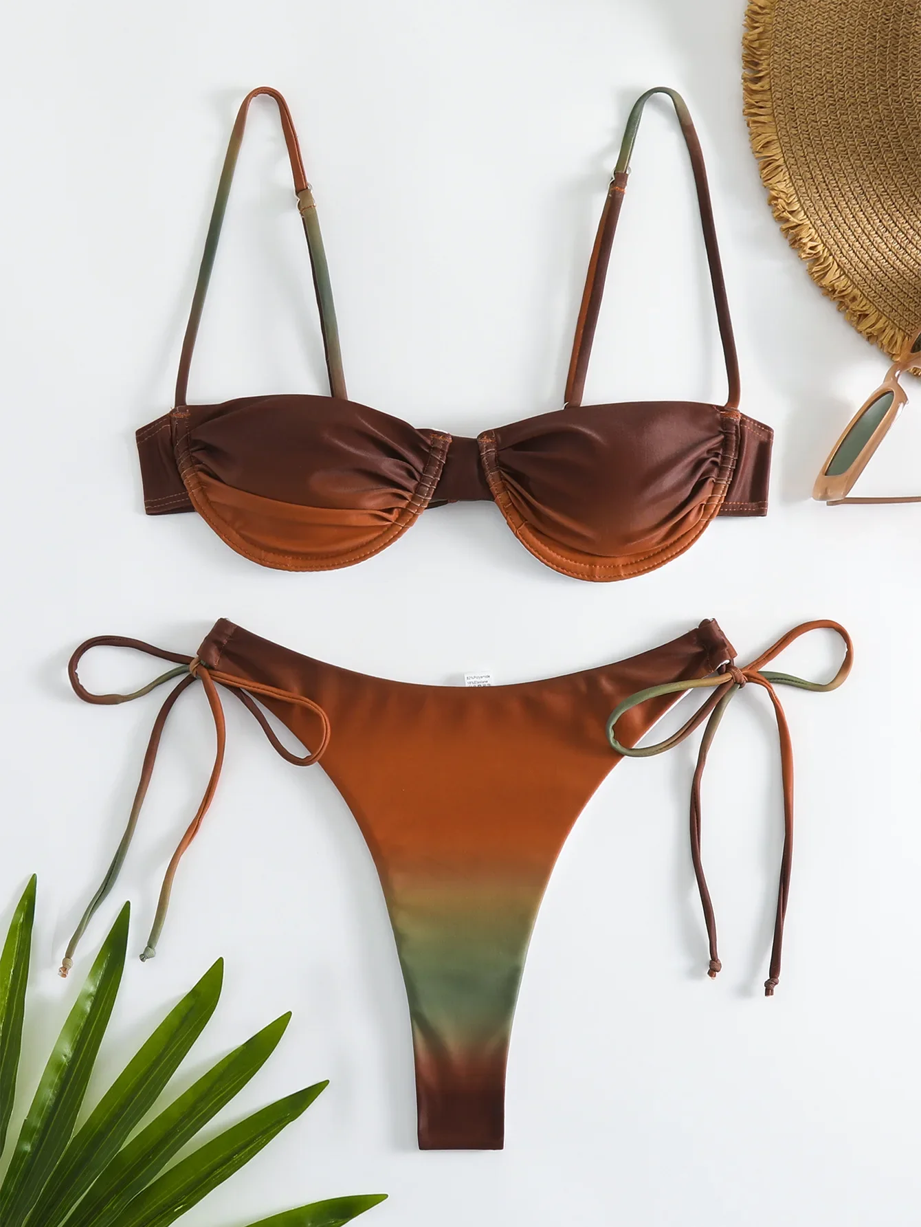 Sexy Brown Gradient Bikini Set 2025 Women Pleate Push Up Padded Micro Swimsuit Brazilian Bathing Suit Tie Side Thong Swimwear