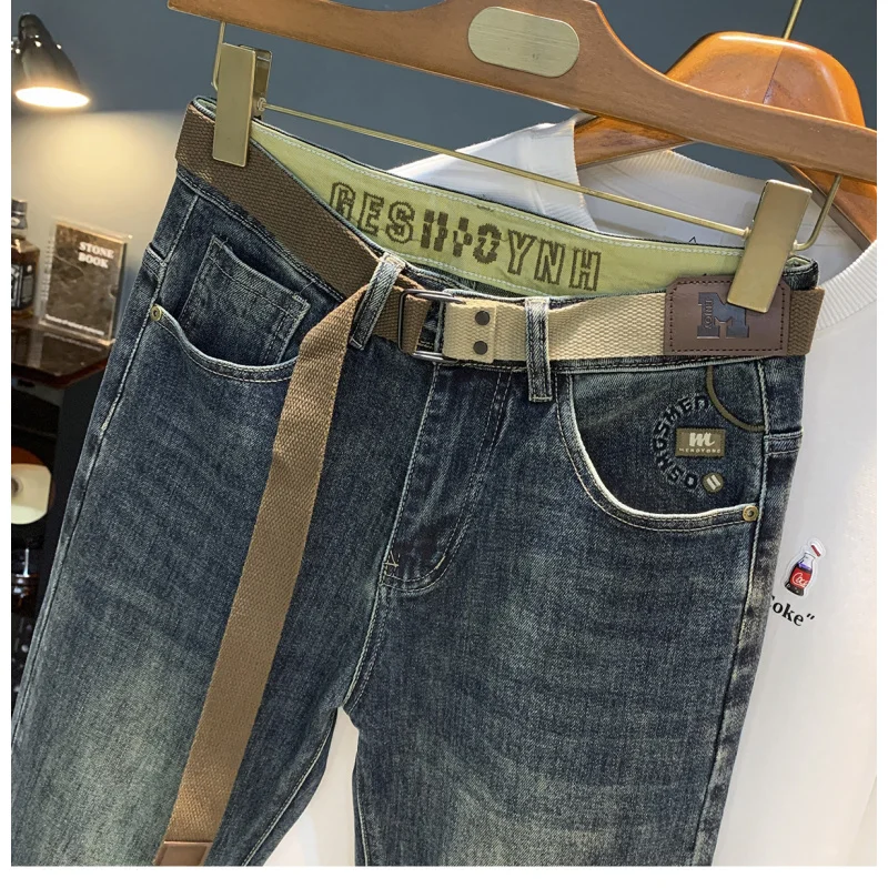 

Высококачественные легкие роскошные мужские джинсы на осень и зиму, толстые эластичные ностальгические синие мужские брюки-шаровары с маленькой ногой