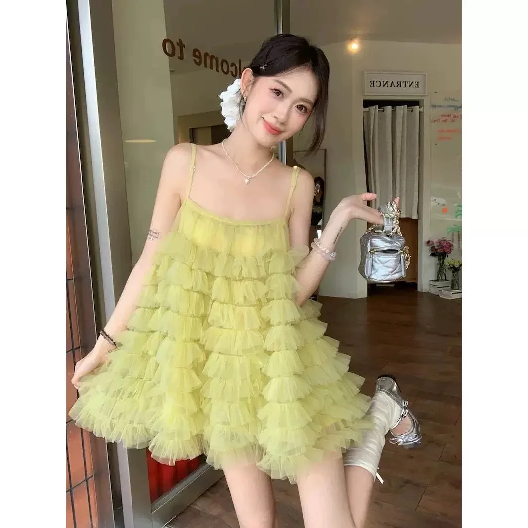 Vestido feminino sem mangas em camadas doce fada malha elegante rosa roxo azul preto babado festa vestido de baile curto mini vestido deslizante