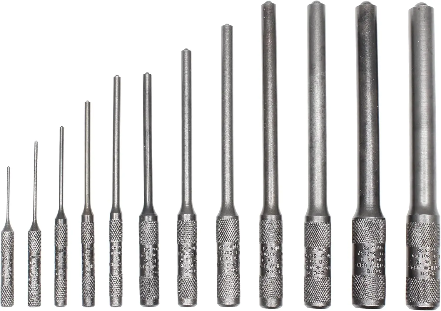 Pilot Punch Set, 12-Piece, with Kit Bag, Black Oxide Finish, Rounded End for Roll Pins