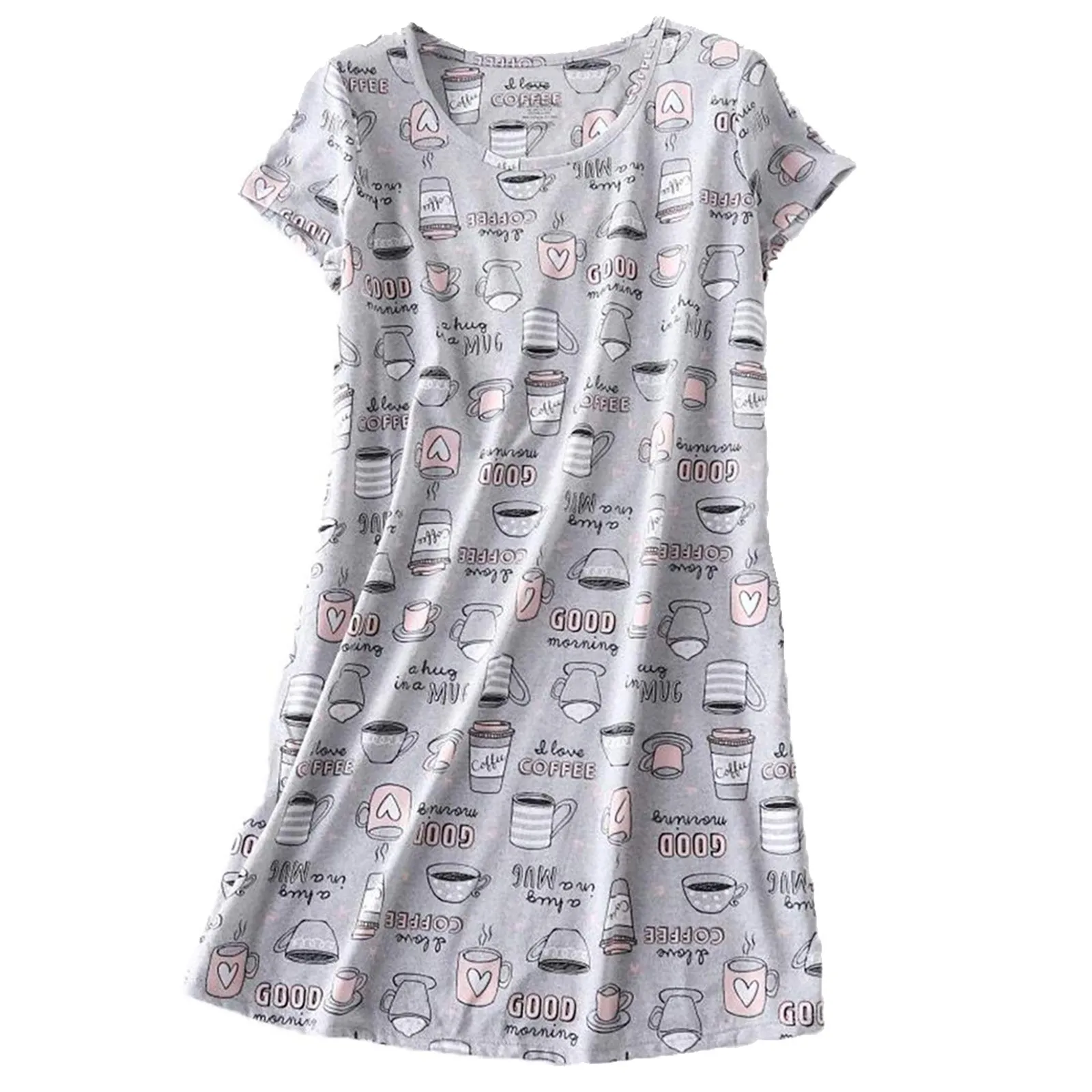 Women\'s Cartoon Printed Nightgown Sleepwear Cotton Short Sleeves Shirt Casual Sleep Dress Plus Size Loose Women Pajama Nightwear