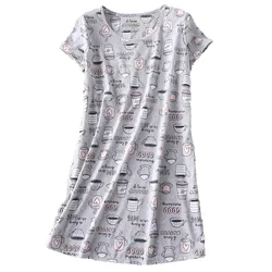 Women's Cartoon Printed Nightgown Sleepwear Cotton Short Sleeves Shirt Casual Sleep Dress Plus Size Loose Women Pajama Nightwear