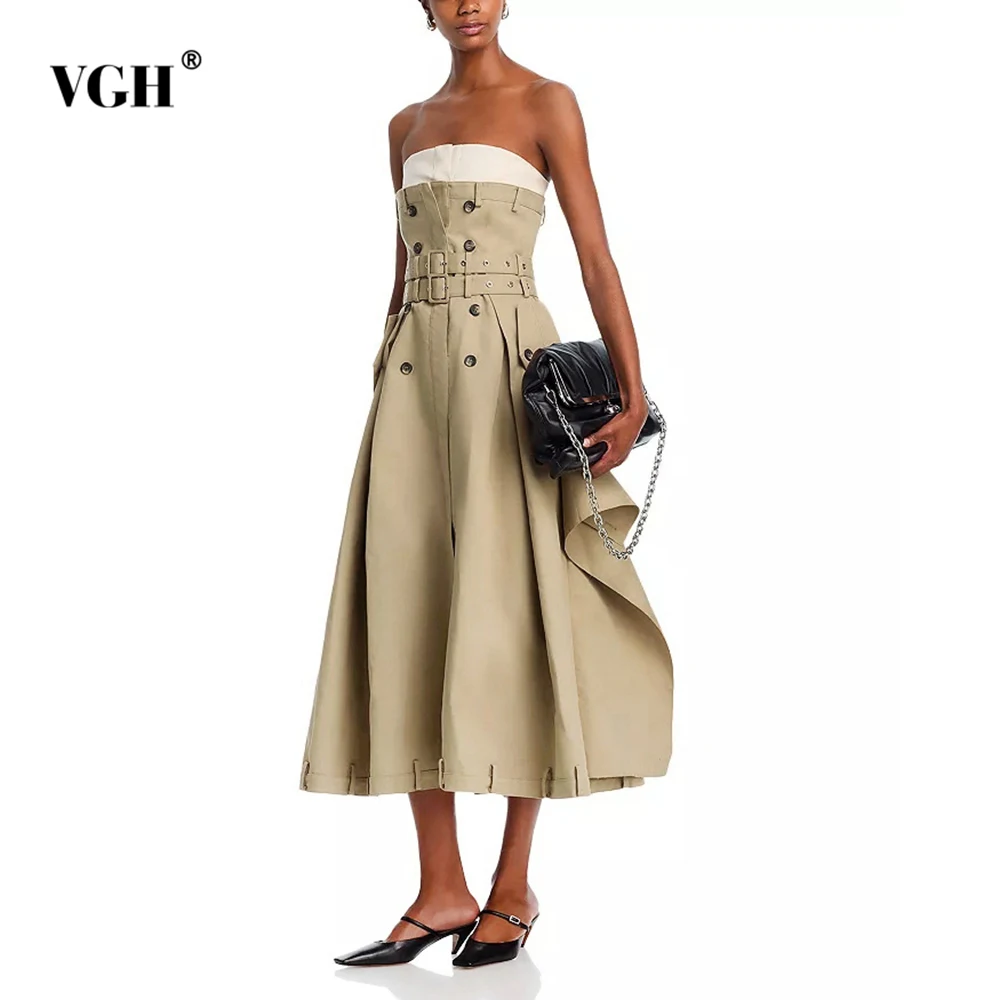 

VGH Designer Spliced Belt Hit Color Slimming Dresses For Women Strapless Backless Sleeveless High Waist Temperament Dress Female