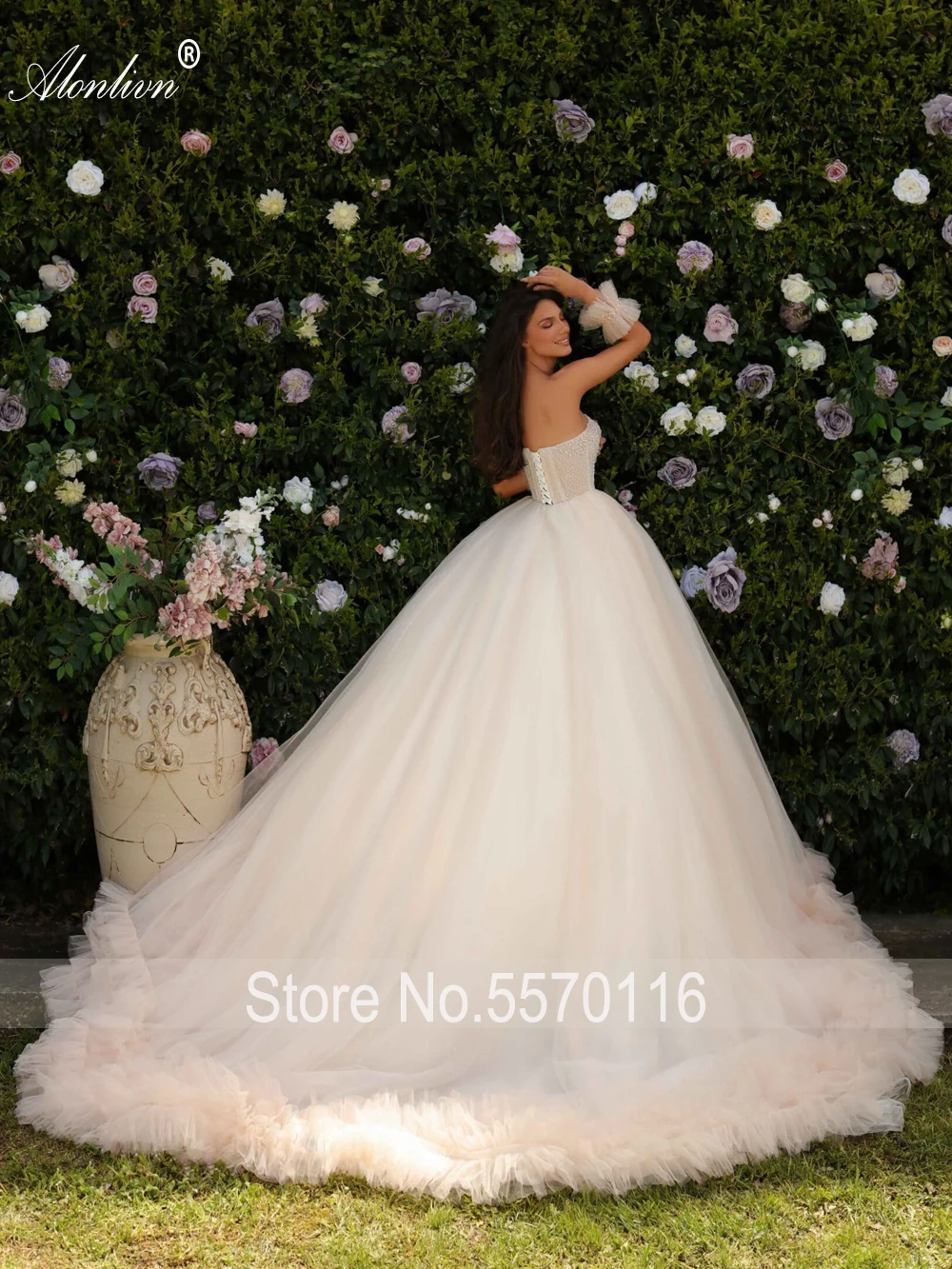 Alonlivn Luxury Sweetheart Ball Gown Wedding Dresses Beading Pearls Tiered Ruffled Court Train Off Shoulder Bridal Skirts