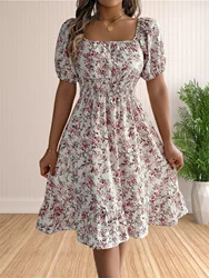 Women's Floral Print Square Neck Puffy Short Sleeve Casual Summer Ruffle Swing Dresses