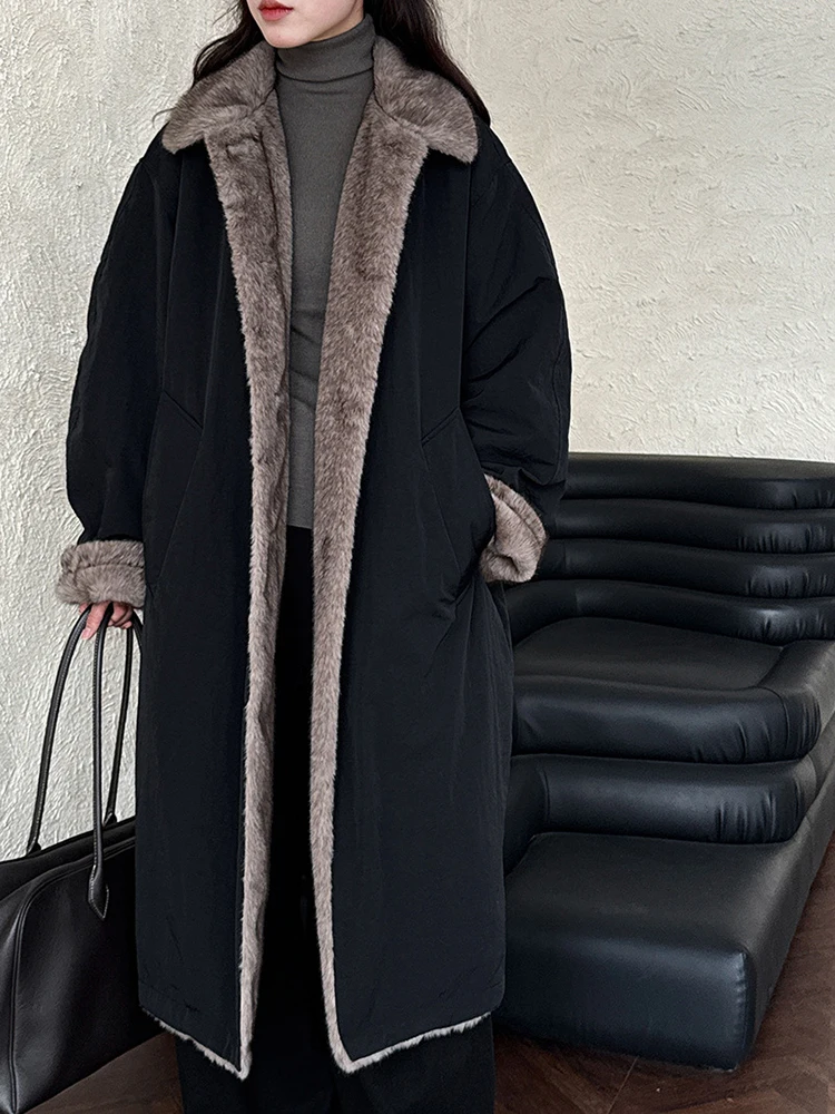 เสื้อโค้ทกันหนาว YERMORA รุ่นใหม่สำหรับผู้หญิง สีดำ แต่งขนเฟอร์เทียม ปกเสื้อแบบขนเป็ดสีขาว แขนยาว ทรงหลวม หนา อินเทรนด์