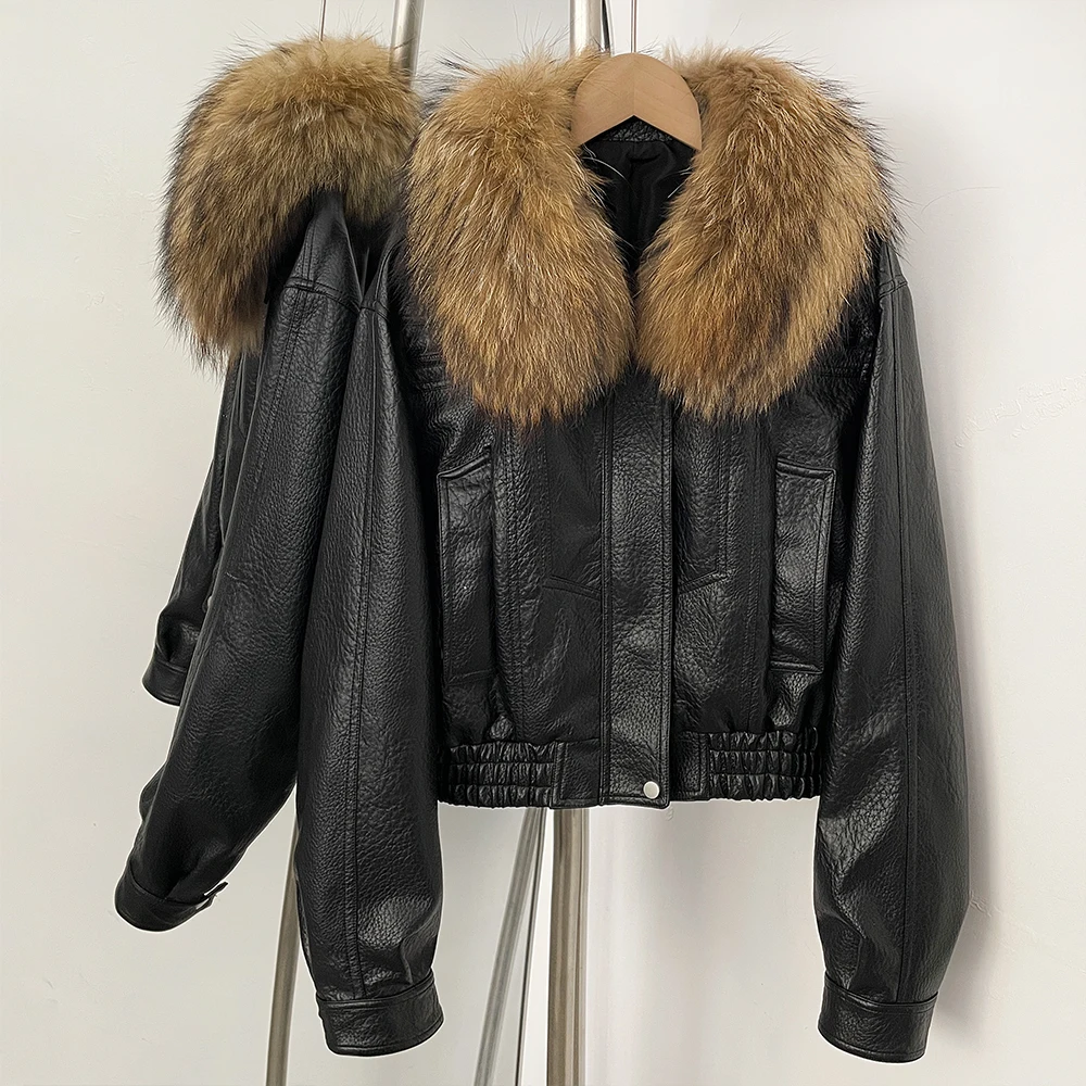 

Black Leather Jacket Fashion Women's Jacket with Fur High Quality Women's Clothing Natural Real Fur Jacket New Coats and Jackets