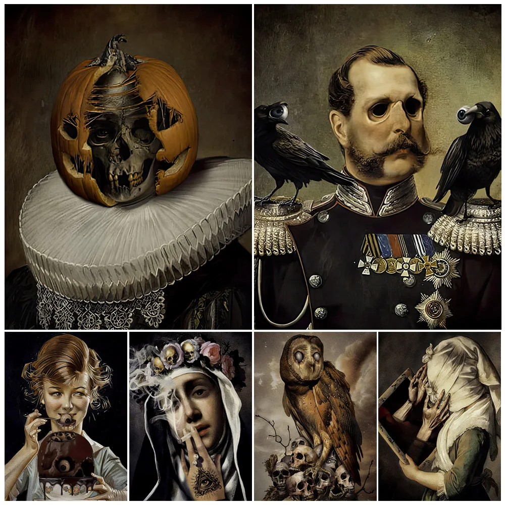 

Eyeball Sundae,Scary Crow,Pumpkin Skull,Abstract Wall Art Canvas Painting Owl Nest Vintage Gothic Fantasy Art Poster Print Decor