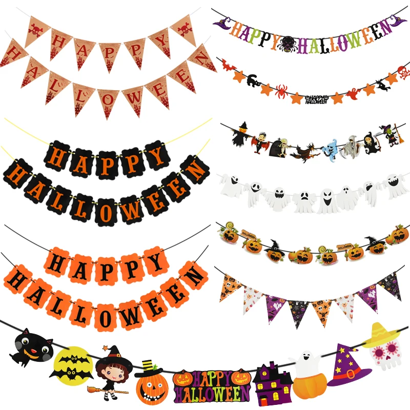 Happy Halloween Paper Banner Horror Bat Pumpkin Witch Spider Skull Garland For Halloween Party Hanging Decoration Bunting Flags