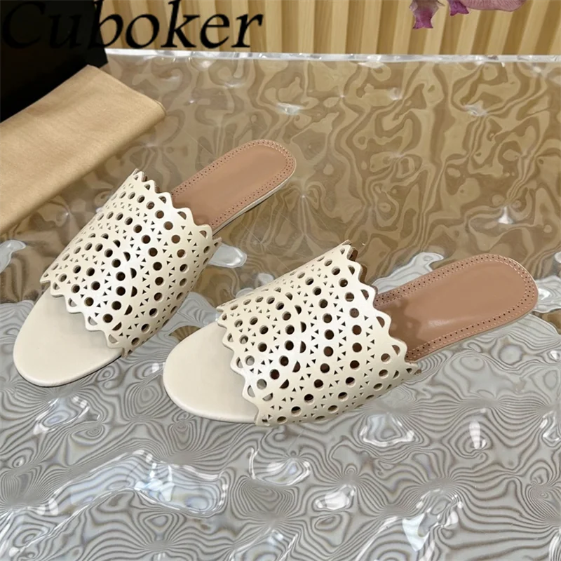 

2024 Summer Fashion Real Leather Hollow Out Flat Slippers Women Open Toe Platform Mules Ladies Casual Beach Slides Shoes Female