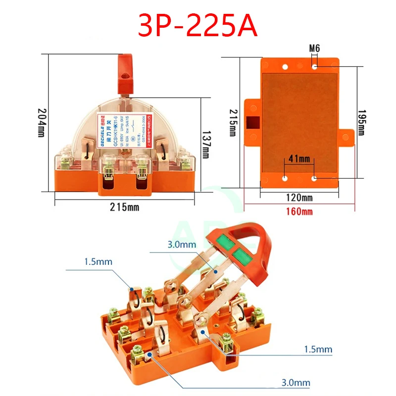 High quality 3P knife switch 225A two-phase knife switch high power 220V 380V double throw Disconnector