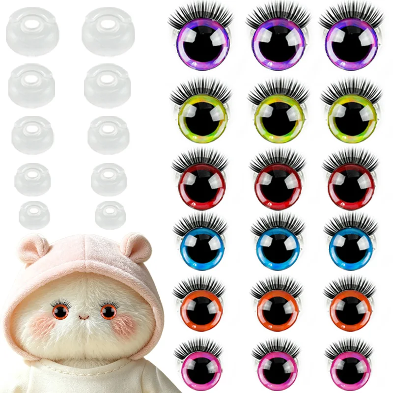 10 pieces of 3D three-dimensional glitter safety eyes, with eyelashes, for DIY handmade crafts, suitable for crochet plush toy accessories