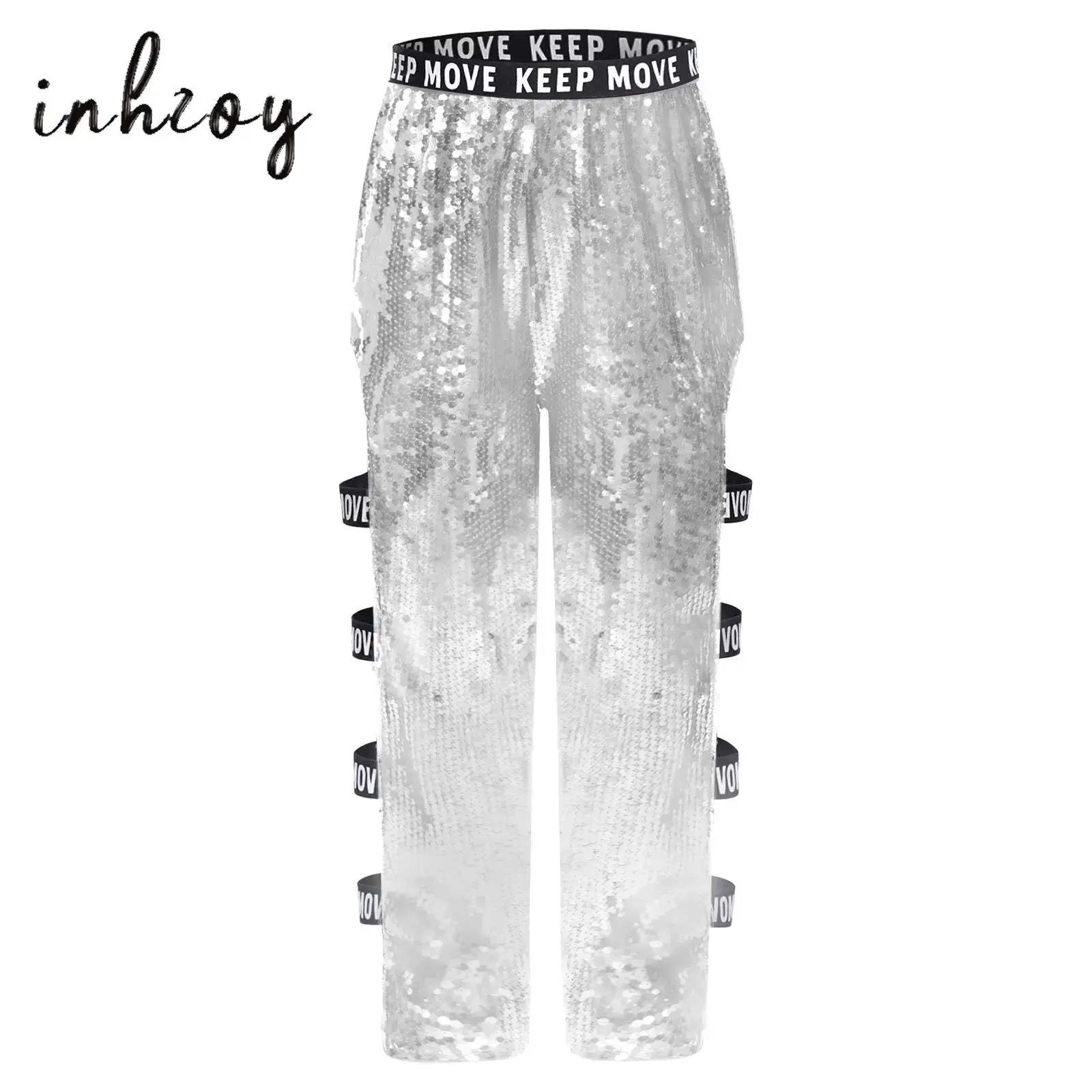

Kids Girls Jazz Hip-Hop Dance Pants Glittery Sequin Cutout Elastic Waist Pants Carnival Party Performance Costume Streetwear
