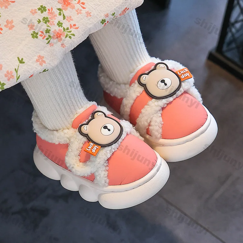 Children's Cotton Slippers Winter Boys Girls Solid Color Warm Shoes Baby Plush Home Shoes Cold-Proof Non-Slip Indoor Furry Shoes