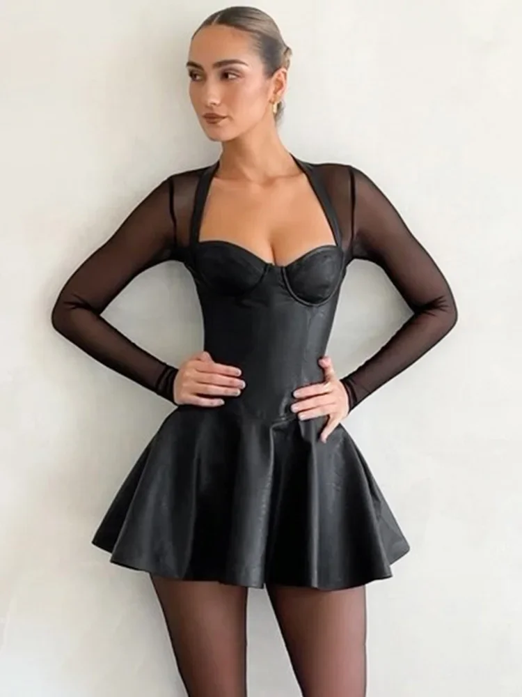 

TARUXY Black Leather Mesh Splice Dress For Women Plunge Bodycon Sexy Short Dress Long Sleeve Club Casual Party Fold Dress Ladies