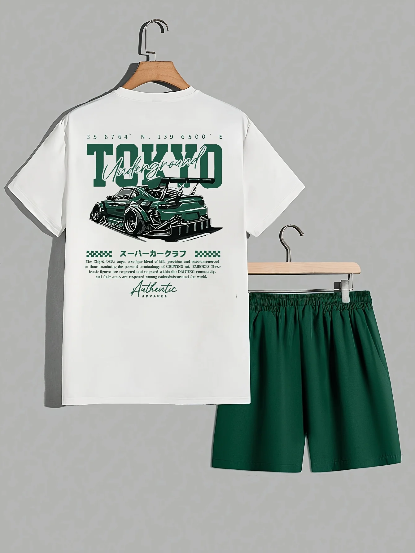 Men's Summer Coconut Tree Racing Printed Comfortable Breathable Round Neck T-shirt Drawstring Shorts Set Outdoor Casual Clothing