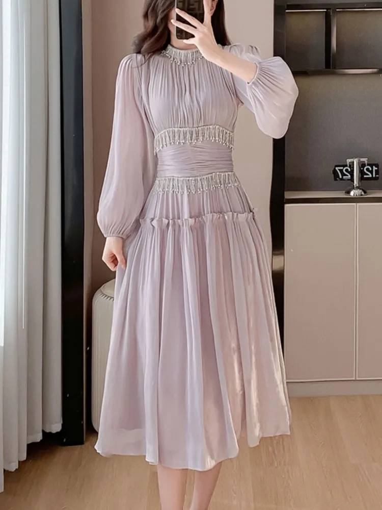 Fashion New Women Elegant Casual Midi Long Prom Dress Puff Sleeve A-Line Solid Vintage Party Birthday Clothes Female Robe Mujers