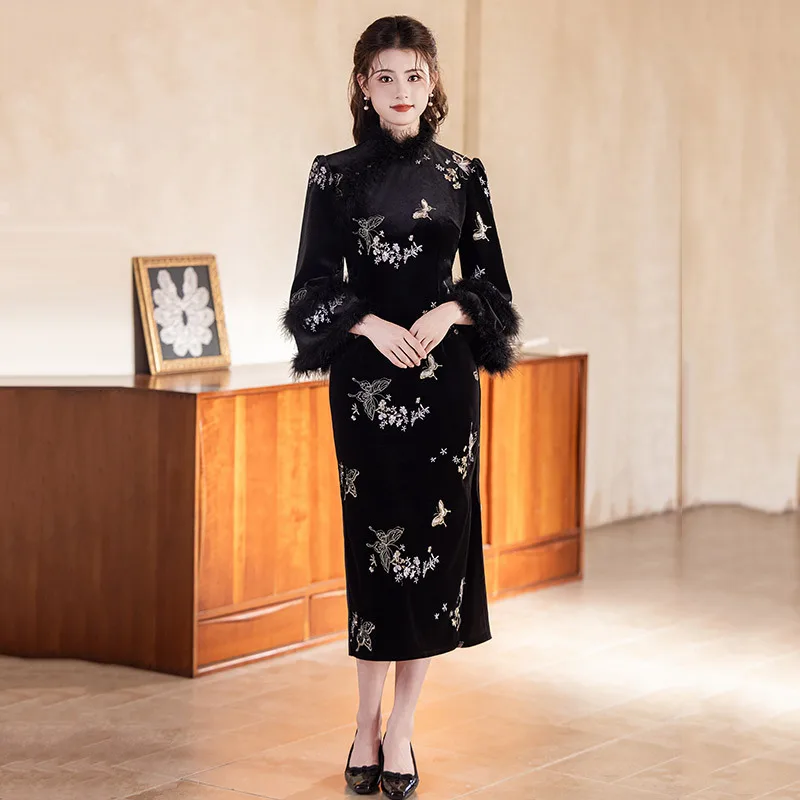 Women Elegant Qipao Satin Embroidery Dress Patch Work Long Sleeve Cheongsam Mandarin Collar Evening Party Vintage Button Dress