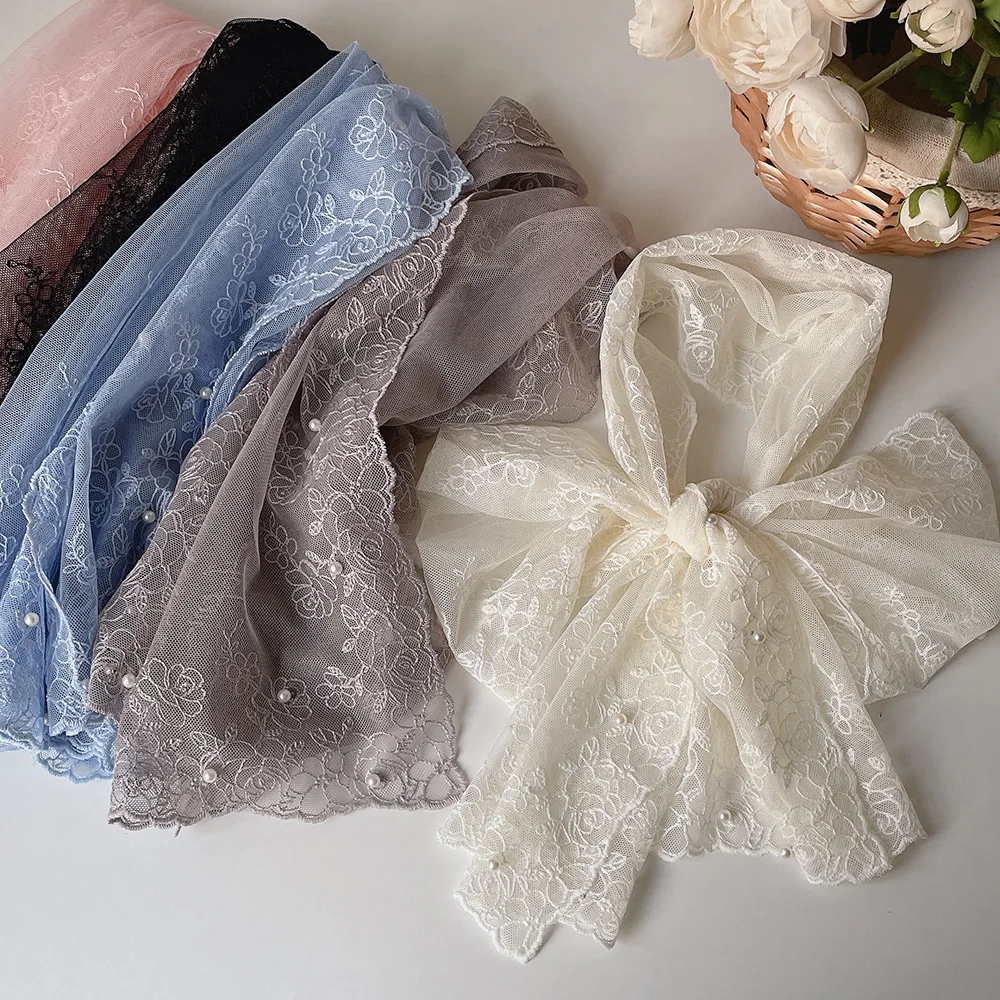 

VREOVOR Elegant Embroidery Wide Version Lace Streamer Temperament Pearl Scarf Spring and Autumn Thin Shoulder Decorative Women
