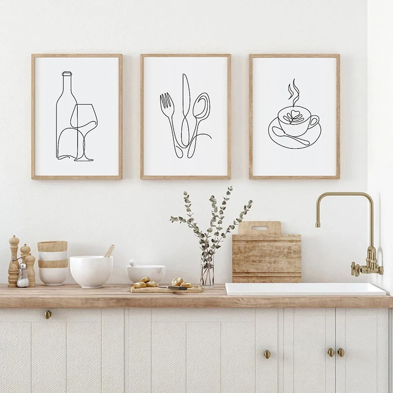 

3pcs/Set Simple Wine Glasses Coffee Cups Knives Forks Canvas Posters Wall Art Nordic Living Room Dining Room and Home Decoration