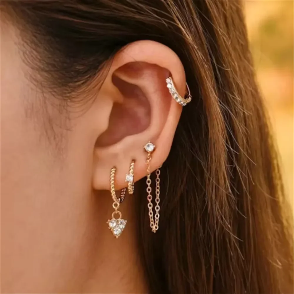 KO Shiny Zircon Flower Hoop Earrings For Women 18k Gold Color Zircon Round Chain Women's Earrings Set 4pcs Fashion Jewelry