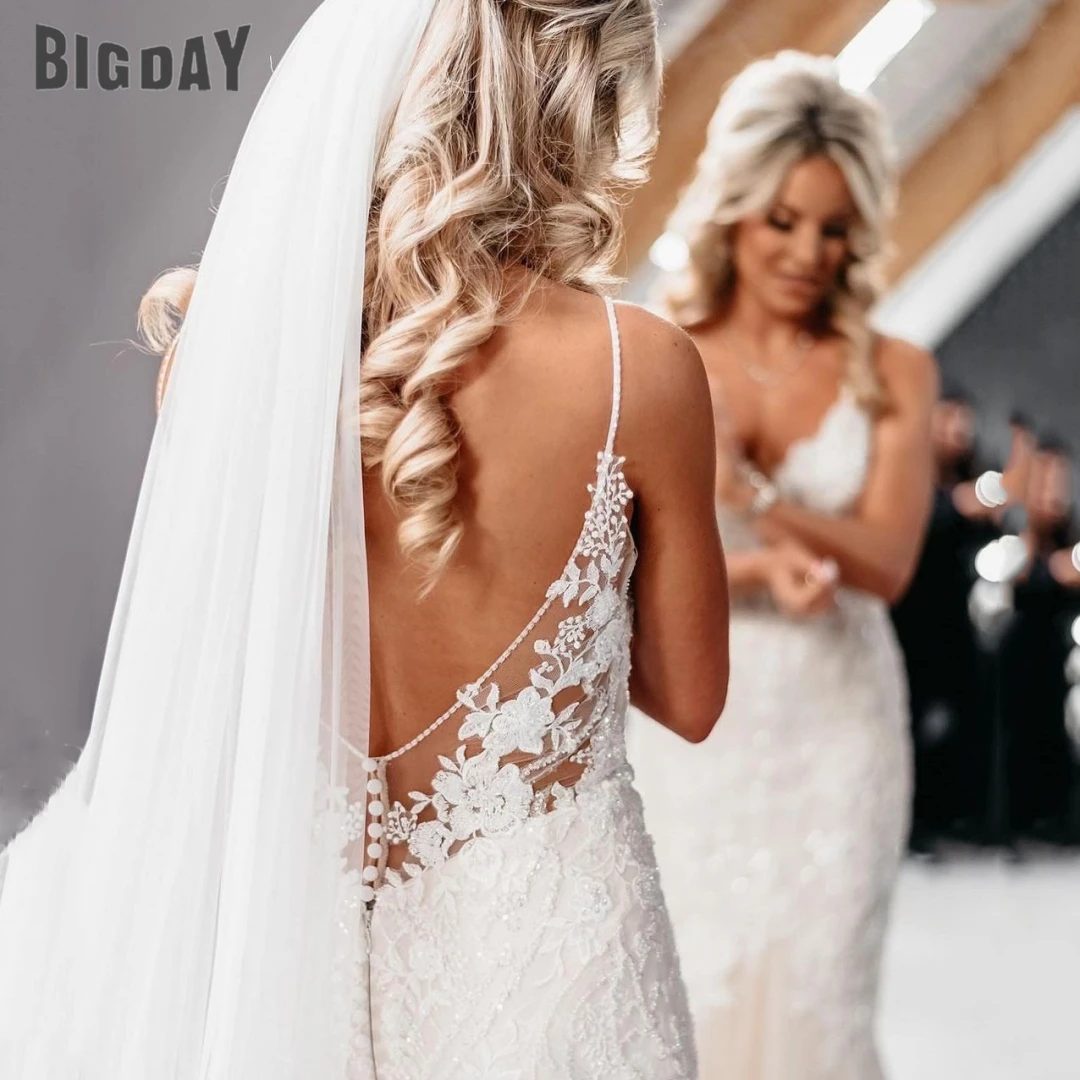 Robe de Mariée Exquise avec Col en V et Bretelles Spaghetti pour Femme, Appliques en Dentelle, Dos Ouvert, Traîne de Balayage, Quelle que soit la Robe Personnalisée, 2024