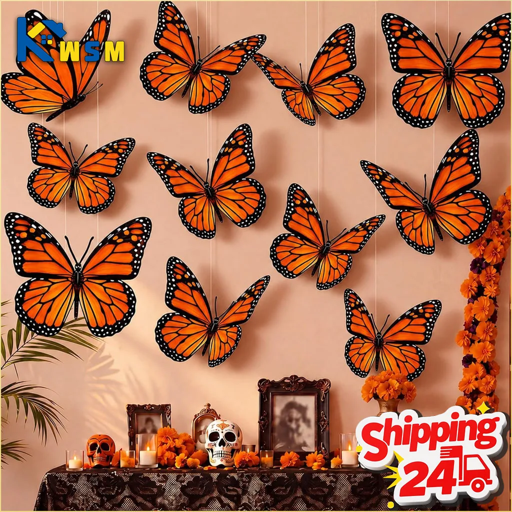 1-2Sets 3D Artificial Monarch Butterfly Realistic Vivid Colorful Stunning Beautiful Day of Dead Halloween Home Party Decorations