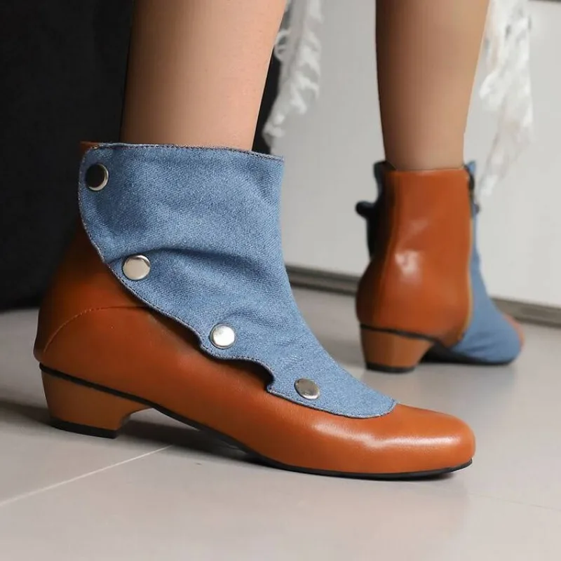 

Autumn and Winter New Style Fashion High-heeled Women's Boots Color Blocking Cowboy Round Head Pleated Square Heel Women's Boots