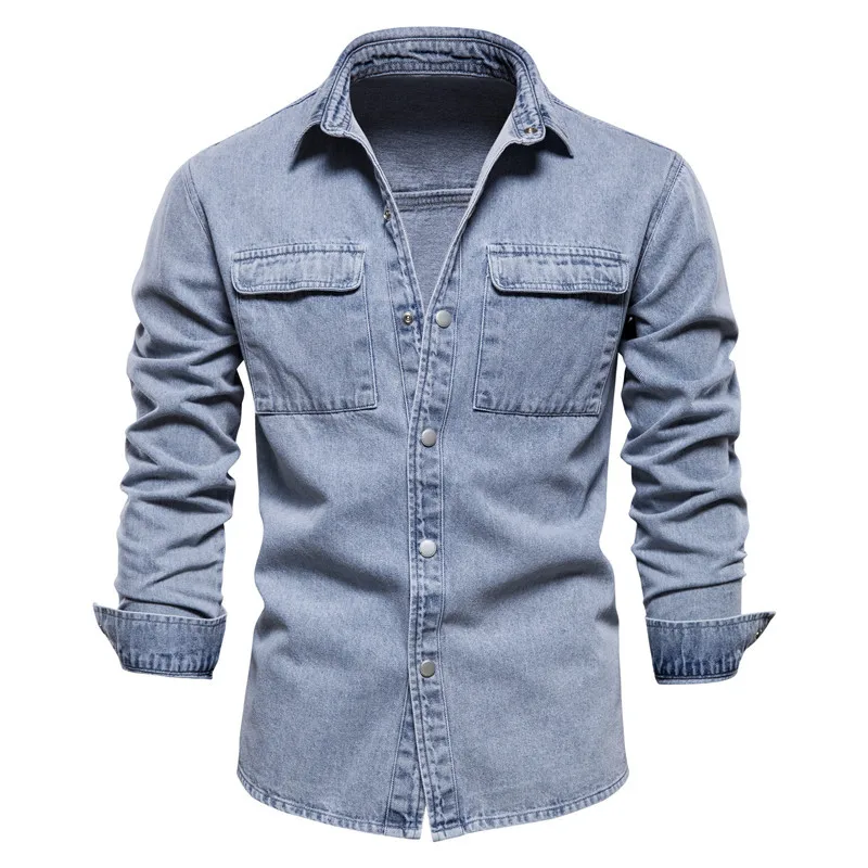 Spring Fashion 100% Cotton Denim Shirts Streetwear Men Casual Thick Long Sleeve Shirt for Men High Quality Men\'s Shirts Coats