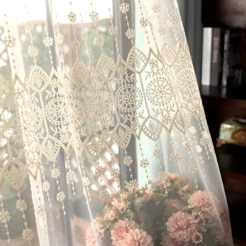 Shutter Cream White Embroidered Screen Curtains for Living Room Bedroom Balcony Drifting Partition Window Natural Fiber Panels