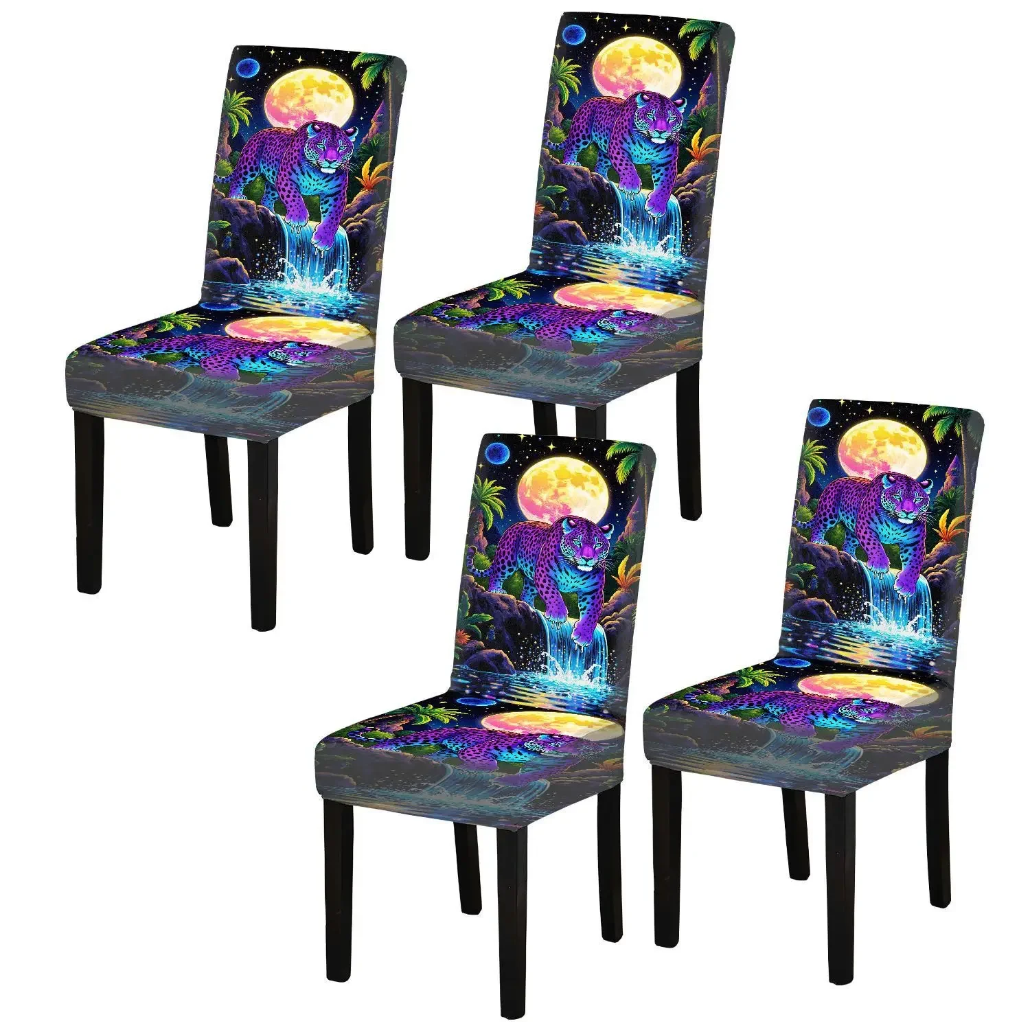 Elastic dining chair cover Neon fantasy jaguar pattern design Removable, washable, home dining chair cover