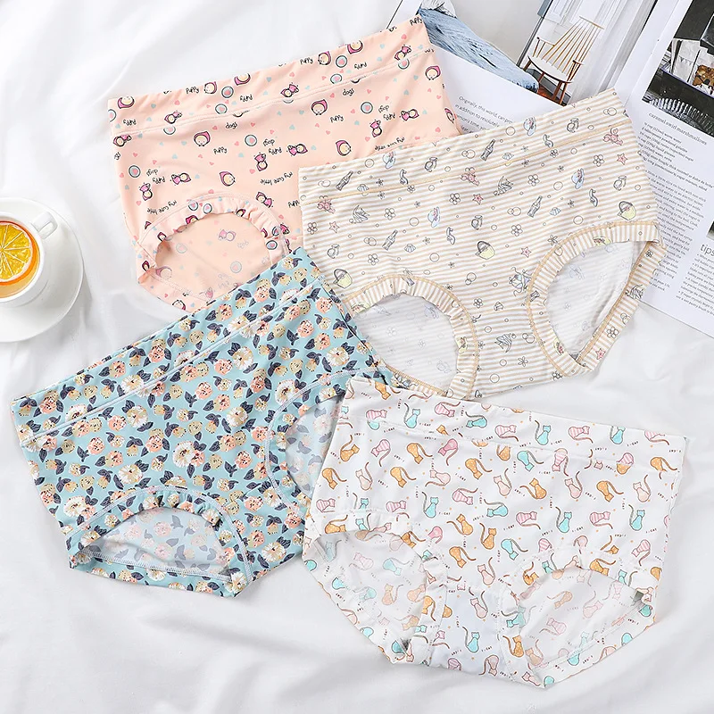 Ice Silk Breathable Pants Girls Cute Cartoon Print Medium High Waist Traceless Cotton Pants Hot Selling Flowers WOMEN  Panties