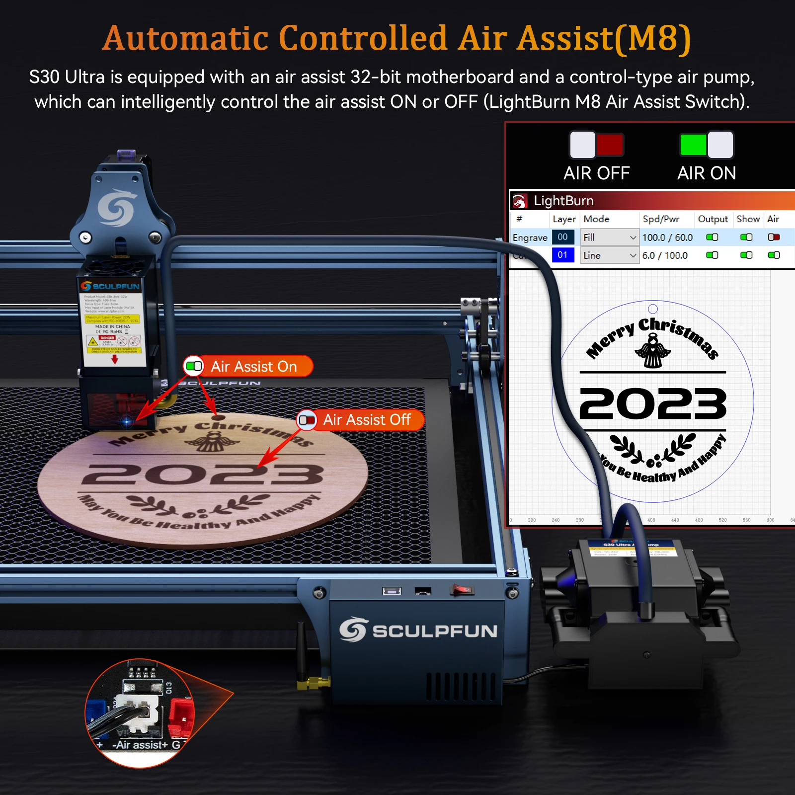 SCULPFUN S9 to S30 Ultra 33W Upgrade Kit Laser Module with 32-bit Motherboard High-speed Air Assist Pump and X Y Limit Switch