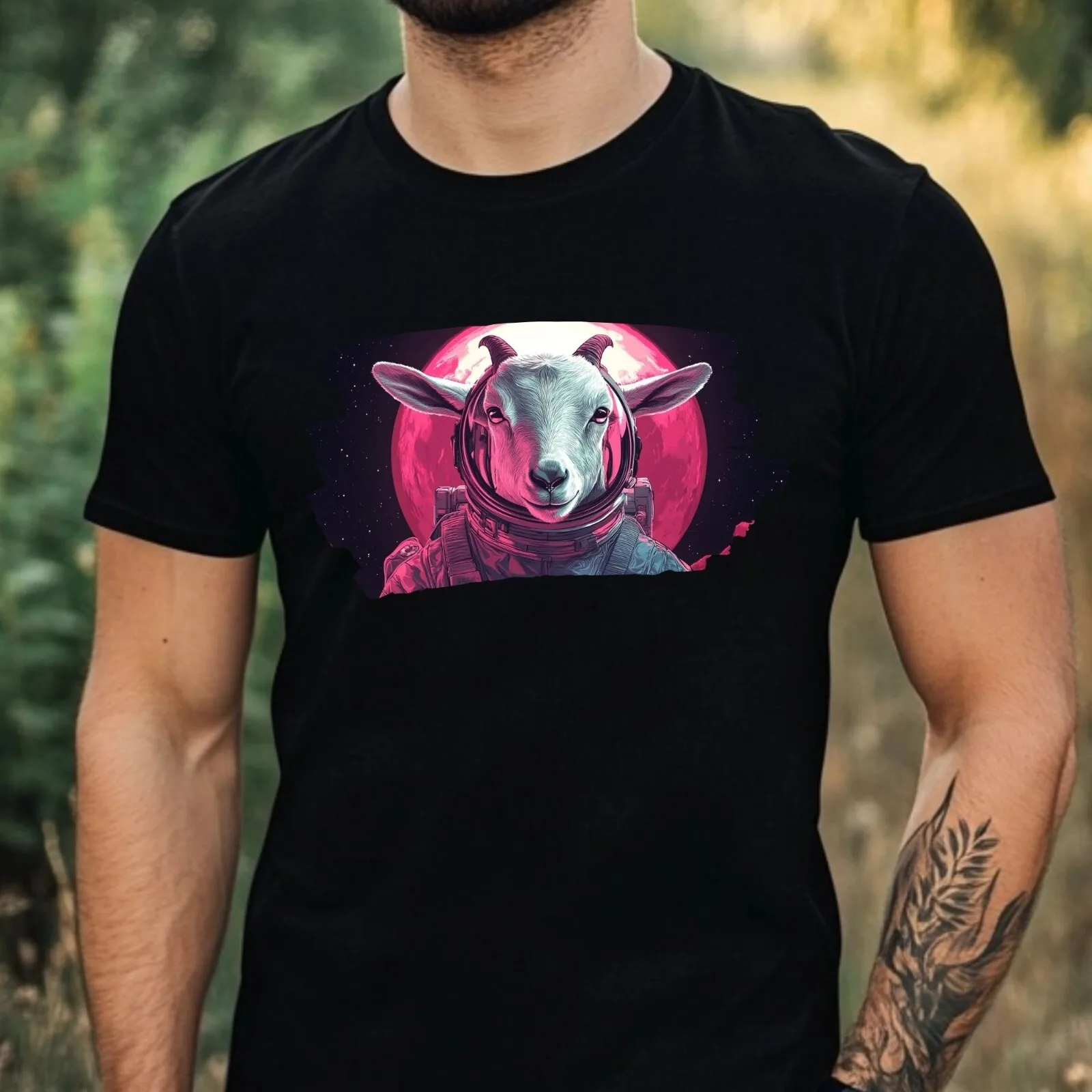 Herren-T-Shirt aus Baumwolle mit Ziegen- und Astronauten-Print, Größe XS bis 5XL