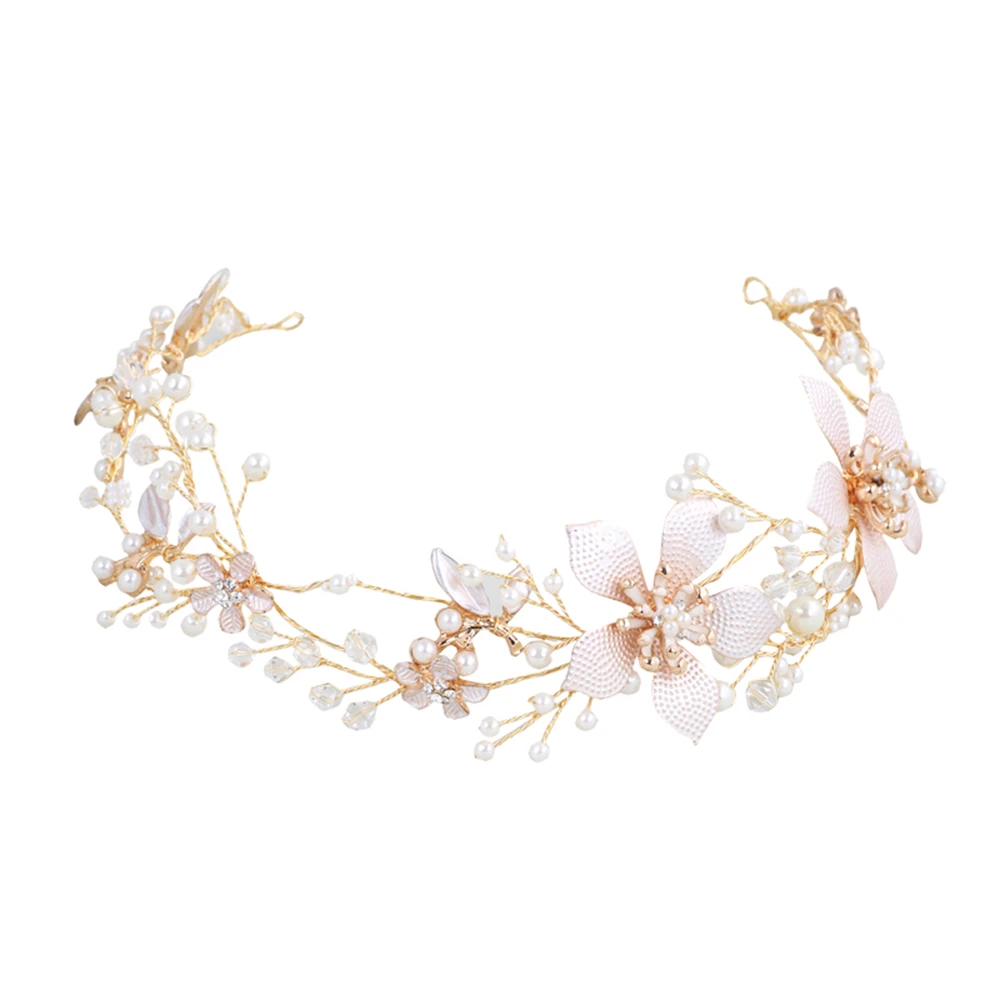 Gold Flower Wedding Hair Accessories for Bride 2024 Pearls Women's Headwear 35cm