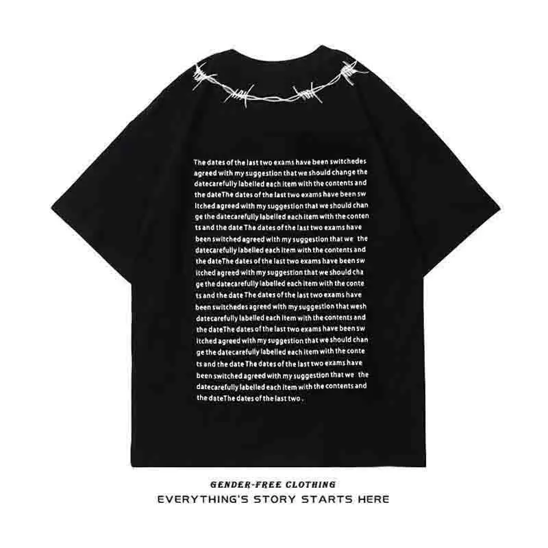 Summer Cotton Thorns Embroidery Letter Short Sleeve O Neck Men T Shirts Loose Hip Hop Punk 2xl Oversized Streetwear Black White