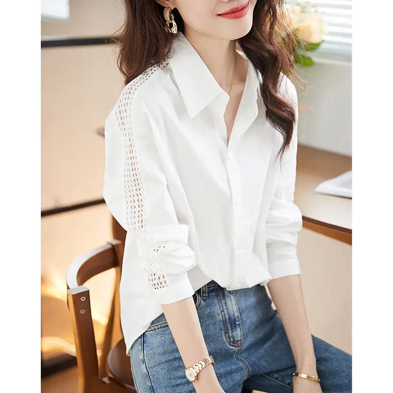 

2024 Spring Autumn New Simple Elegant Loose Shirt for Women's Hollow Out Texture Commuting Versatile Long Sleeved Trendy Top