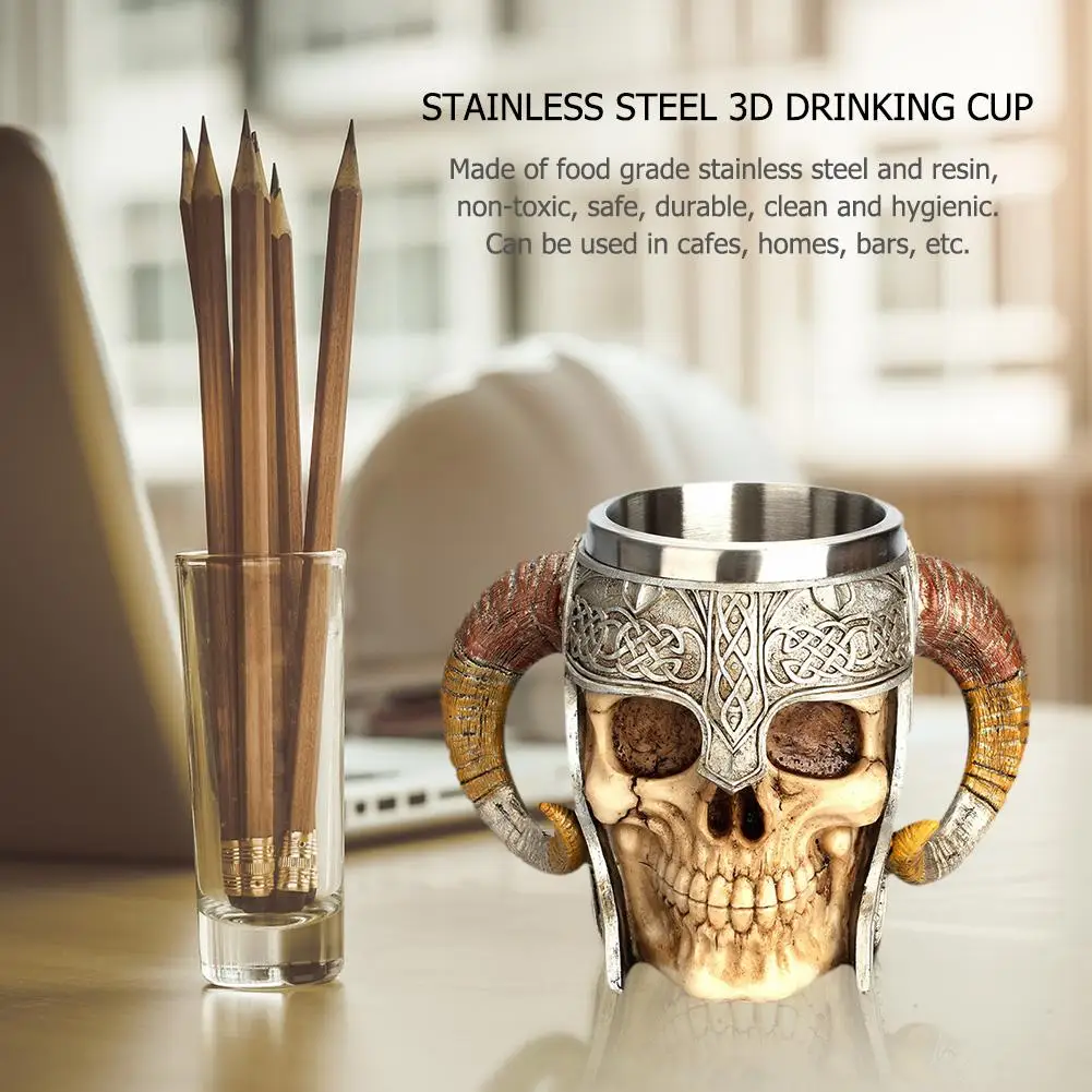 

450ml Skeleton Knight Ram Horn Cup Double Ram Horn Beer Mug Creative Resin Drinking Cup Heat Resistant for Drinks Beer Water