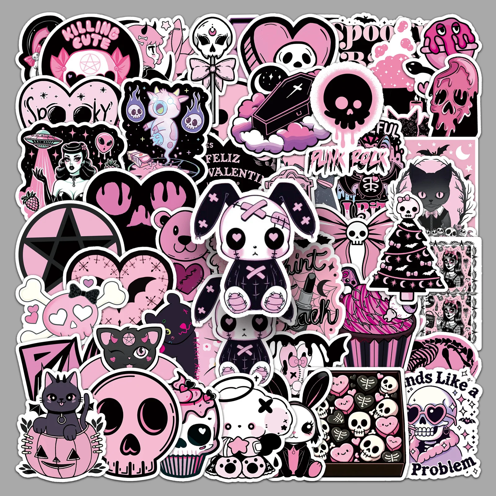 

50PCS Black Pink Gothic Sticker Dark Skull Trendy Cartoon Style Decorative Phone Case Guitar iPad Waterproof Sticker Kids Toy