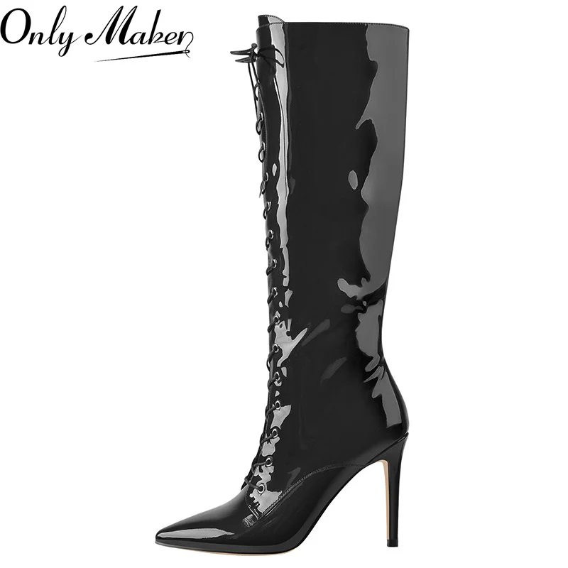 

Onlymaker Women Knee High Boots Pointed Toe Lace Up Thin High Heel Sexy Stiletto Zip Black Patent Handmade Big Size Boots