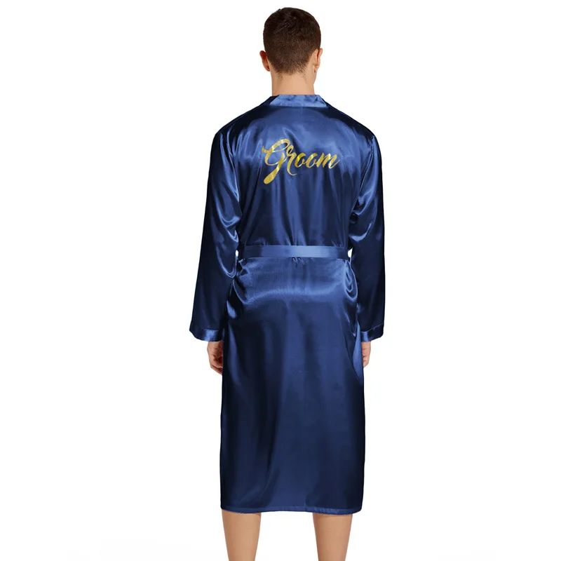 Satin Sleepwear Long Sleeve Kimono Bathrobe Gown Wedding Groom Robe Male Bronzing Letter Loungewear Men Home Wear Nightdress